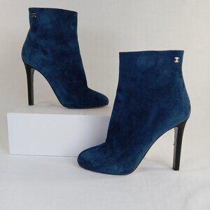 CHANEL Womens Blue Suede Ankle Boots Stiletto Heels Booties US 6 EU 37 Dust Bags